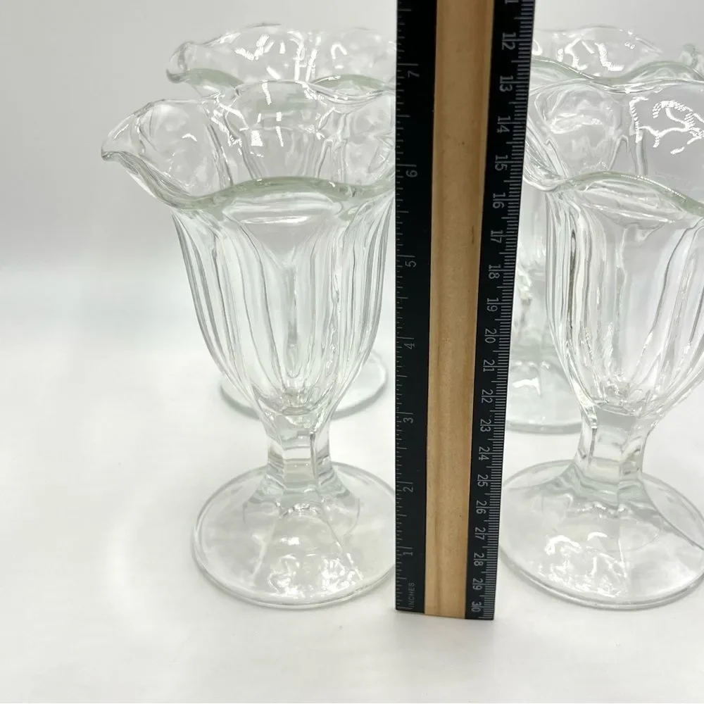 Four Vintage Clear‎ Pressed Glass Tall Footed Sundae Parfait Glasses Set of 4